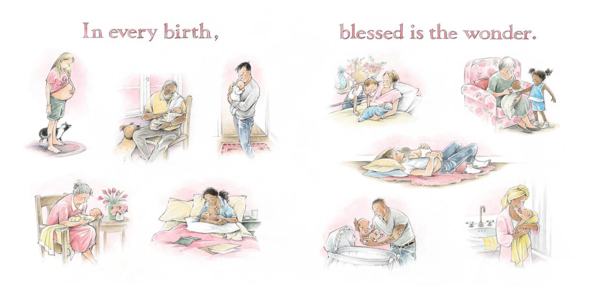 Interior spread on In Every Life. In pink tones text at the top of the spread reads "In every birth, blessed is the owner." Below the text are various vignettes of babies with their families. Each drawing has a pink tone in it to match the text.