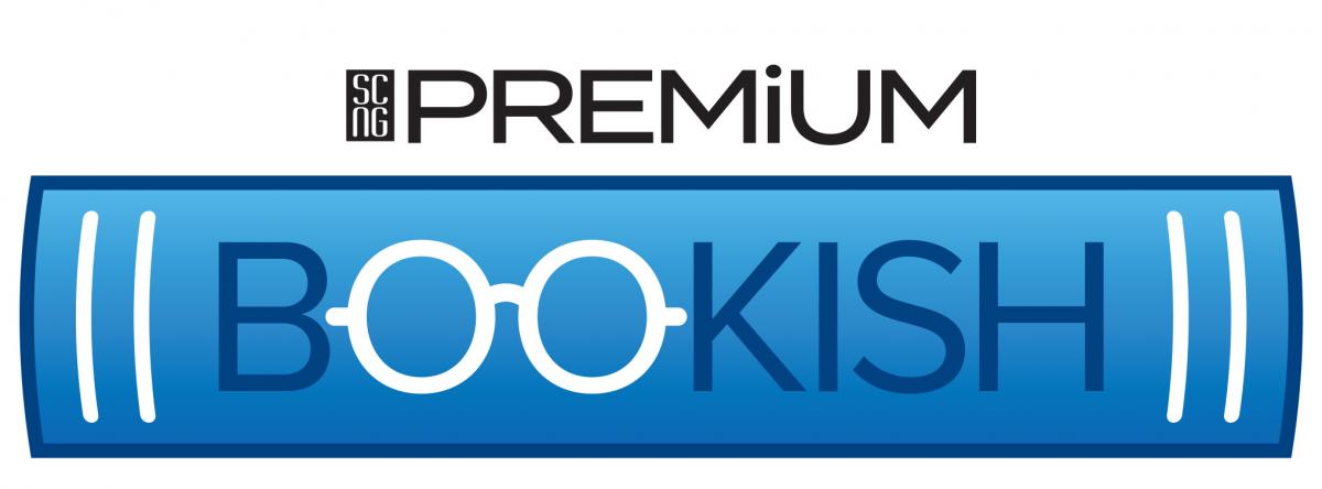 Bookish Southern California News Group Blue Premium Logo. Looks like a horizontal book spine with the two o's in the word formed by glasses.