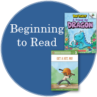 Blue circle with white text "Beginning-to-Read" with two book covers off center on the right