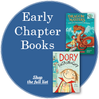 Blue circle with white text "Early Chapter Books" with two book covers off center to the right