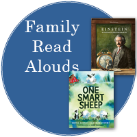 Blue circle with white text "Family Read Alouds" with two book covers off center on the right