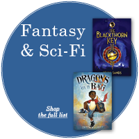 Blue circle with white text "Fantasy and Sci-Fi" with two book covers off center to the right