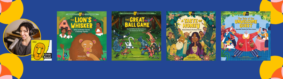 The Lion's Whisker, The Great Ball Game, A Taste of Honey, and The Tale of the Unwelcome Guest book covers on a blue background