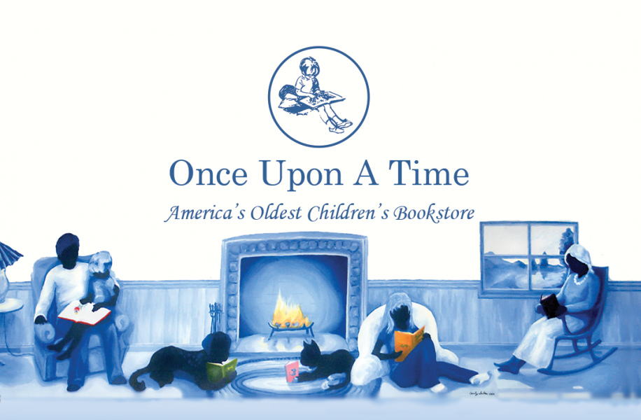 Once Upon A Time America's Oldest Children's Bookstore above a blue tone painting of a family reading together