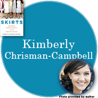 Kimberly Chrisman-Campbell Signed Books Button - "Kimberly Christian-Campbell" in bright blue circle with Skirts cover in top left corner and a photo of Kimberly in bottom right corner.