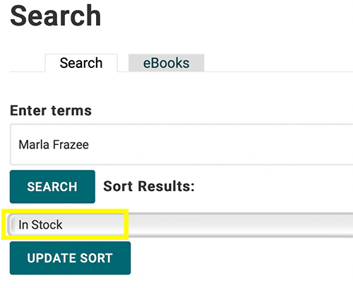 Screenshot of search results on our website with a yellow box highlighting the In-Stock filter